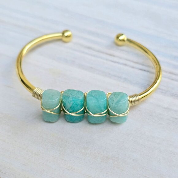 Amazonite Wire Wrap Cuff – 14Kt Gold Over Copper – Tranquility Talisman Handmade - Picture 10 of 11